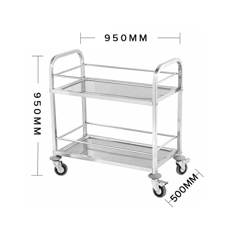2X 2 Tier 95x50x95cm 18/10 Stainless Steel Utility Service Cart Locking Wheels