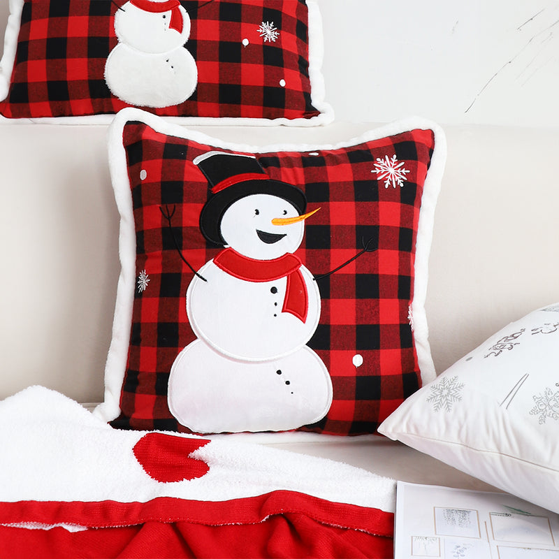 45cm Square Red Throw Pillow Embroidered Snowman Plush Holiday Home Decor