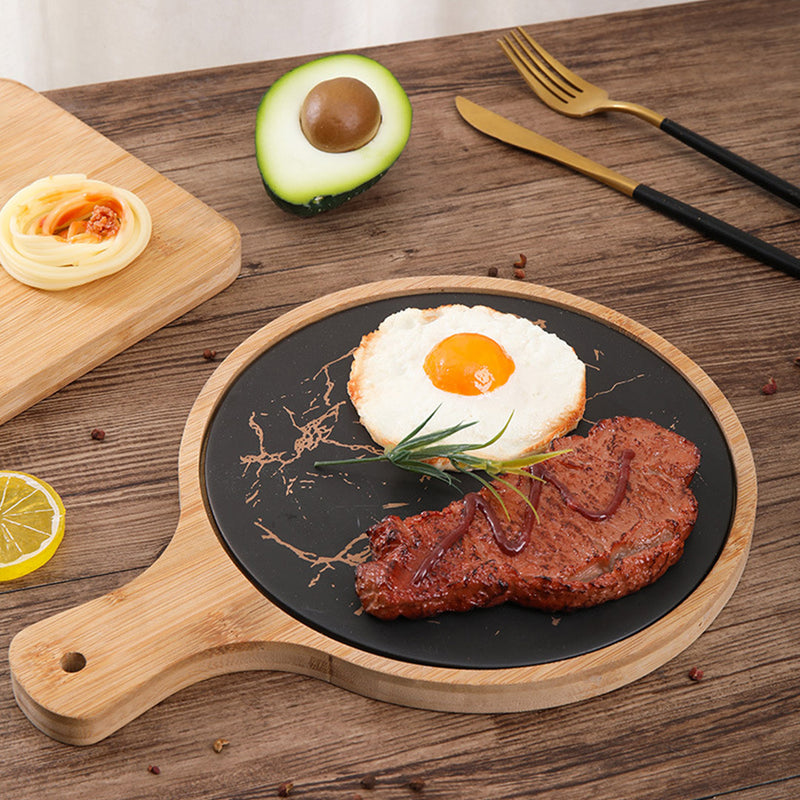 2X 30cm Black Round Wooden Serving Tray Removable Slate Insert