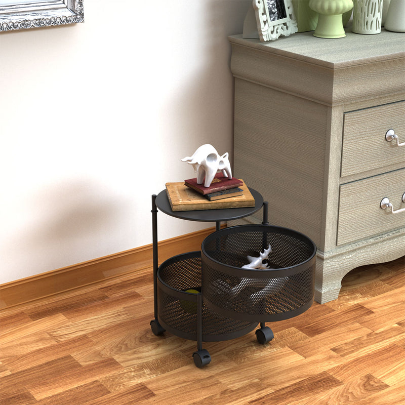 2X 2 Tier Carbon Steel Round Rotating Kitchen Cart Black 30cmx30cmx45cm