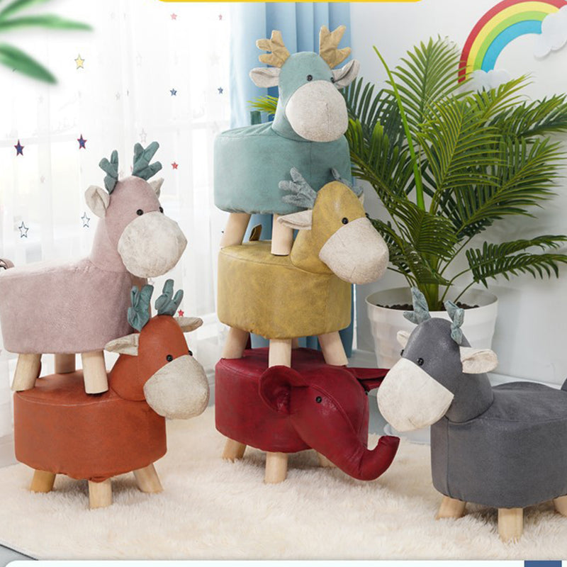 Grey Children Bench Deer Character Ottoman PU Pine Soft Stool Home Decor