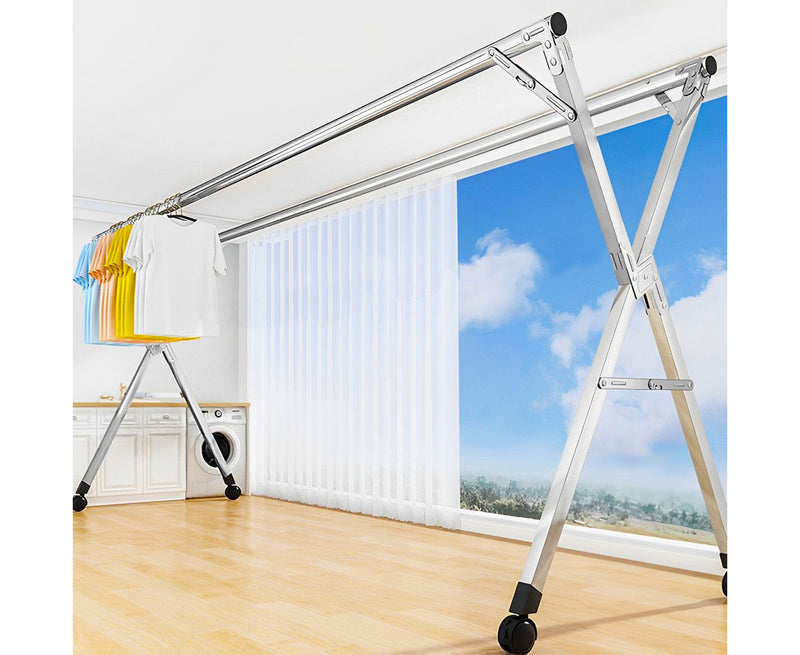 2.4m Portable Foldable Clothes Drying Rack 40kg Silver With Wheels Indoor Outdoor