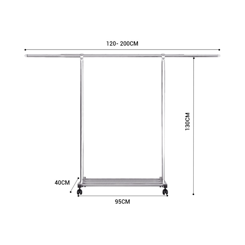 201 Stainless Steel Floor Standing Clothes Rack 200x130x95cm Wheels 3 Poles