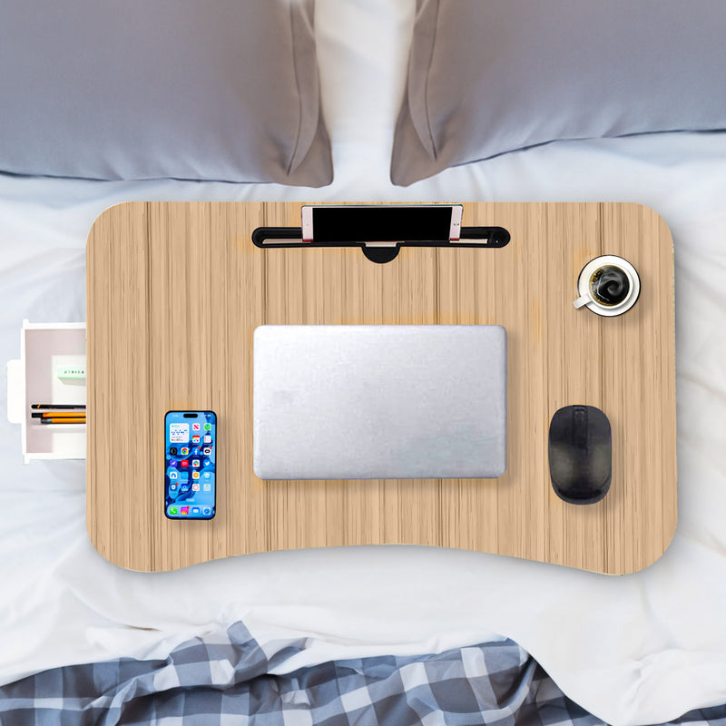Adjustable Oak Bed Table Folding Mini Desk With Cup Holder Scratch Resistant