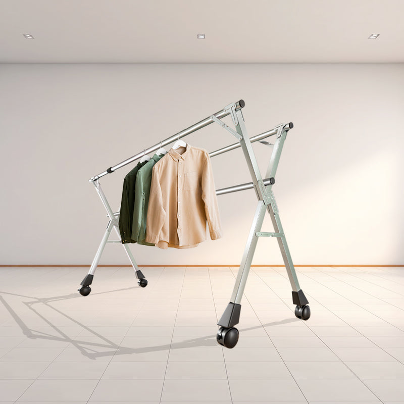 2X Portable Stainless Steel Clothes Drying Rack 240x140x50cm 3 Poles Wheels