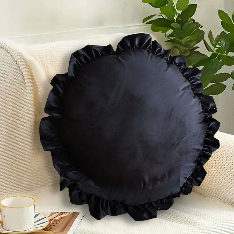 Round Velvet Throw Pillow 45cm 15cm Thick Plush Lotus Leaf Edge Black