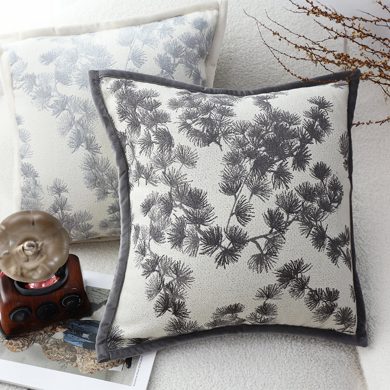Off White Polyester Throw Pillow 45cm Square Wide Border Branch Pine Needle