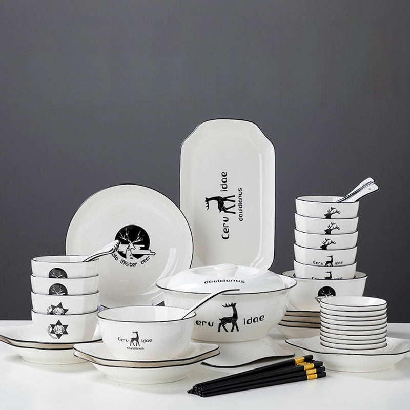 White Antler Ceramic Dinnerware Set 34 Piece Sleek Design Home Decor White