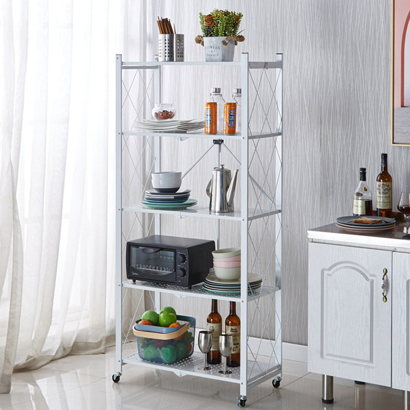 5 Tier Carbon Steel Foldable Kitchen Cart White Locking Wheels 20Kg Per Shelf
