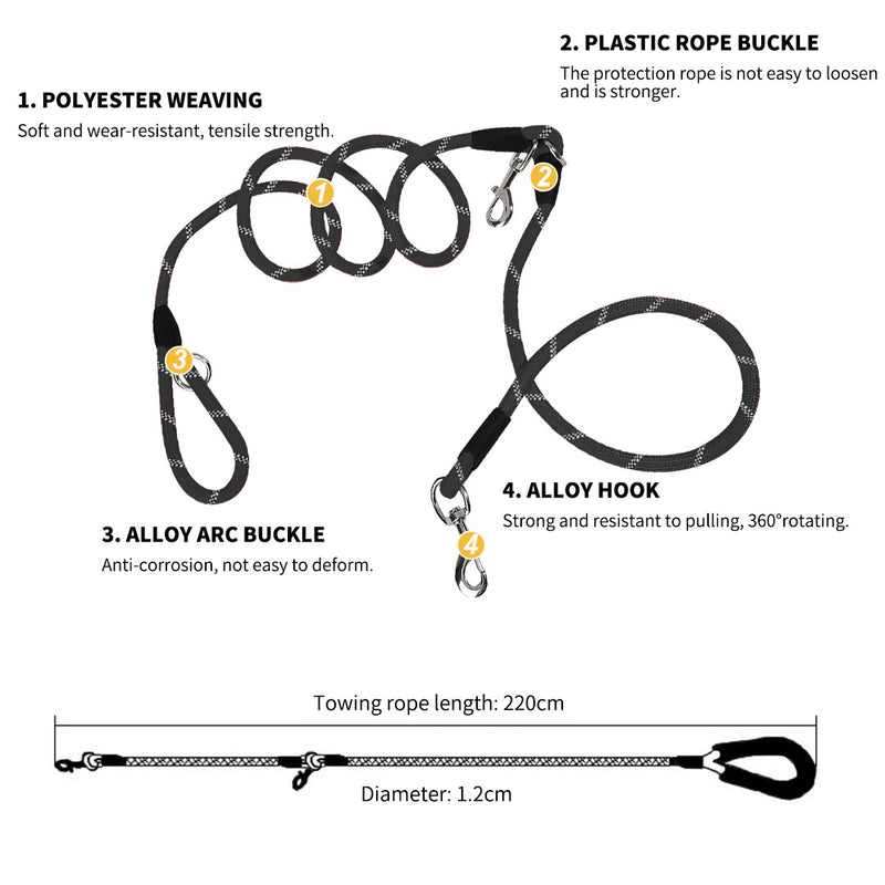 220cm Double Ended Polyester Pet Leash for Walking Training Black