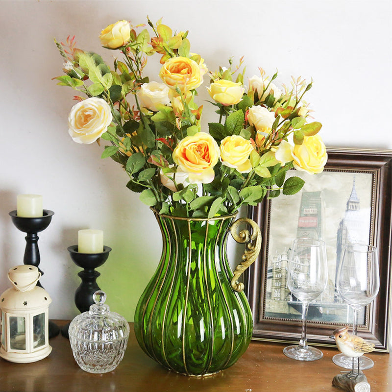 Green Glass Flower Vase 16cm x 29cm Gold Metal Handle Home Decor