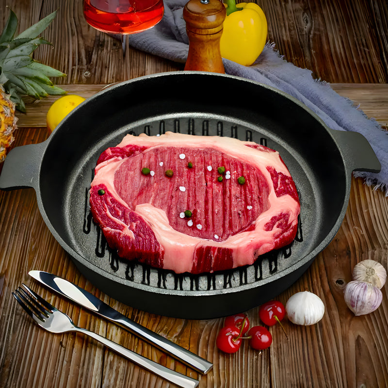 25cm Round Ribbed Cast Iron Frying Pan Skillet Non-Stick Sizzle Platter