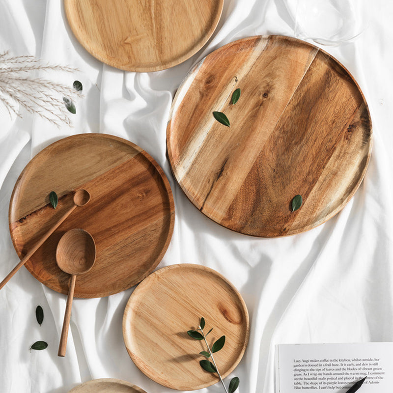 Serving Tray Acacia Wood 25cm Round Removable Slate Center Brown