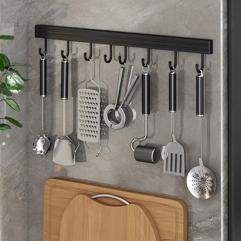 41cm Wall Mounted Aluminum Kitchen Utensil Rack Black Rust Proof Hooks