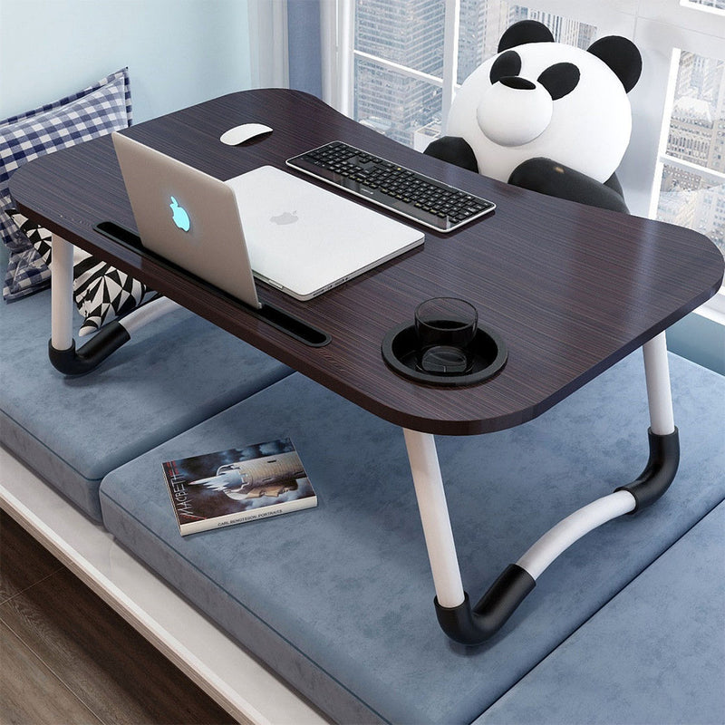 2X Portable Foldable Bed Table Mdf Aluminum Frame 60x40x28cm Black Cup Holder