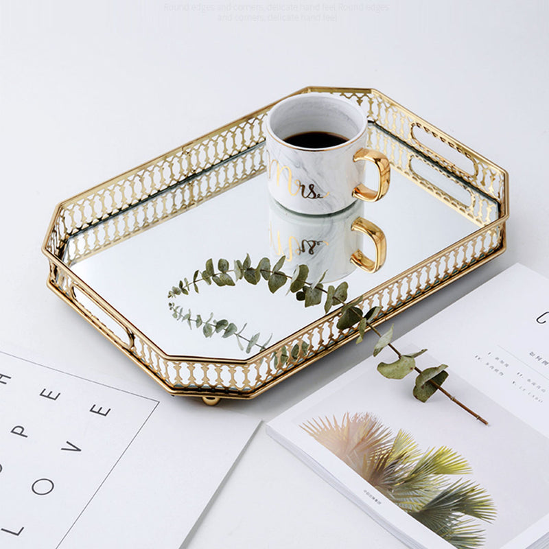 35cm X 26cm Gold Rectangular Ornate Glass Mirror Vanity Tray With Handles