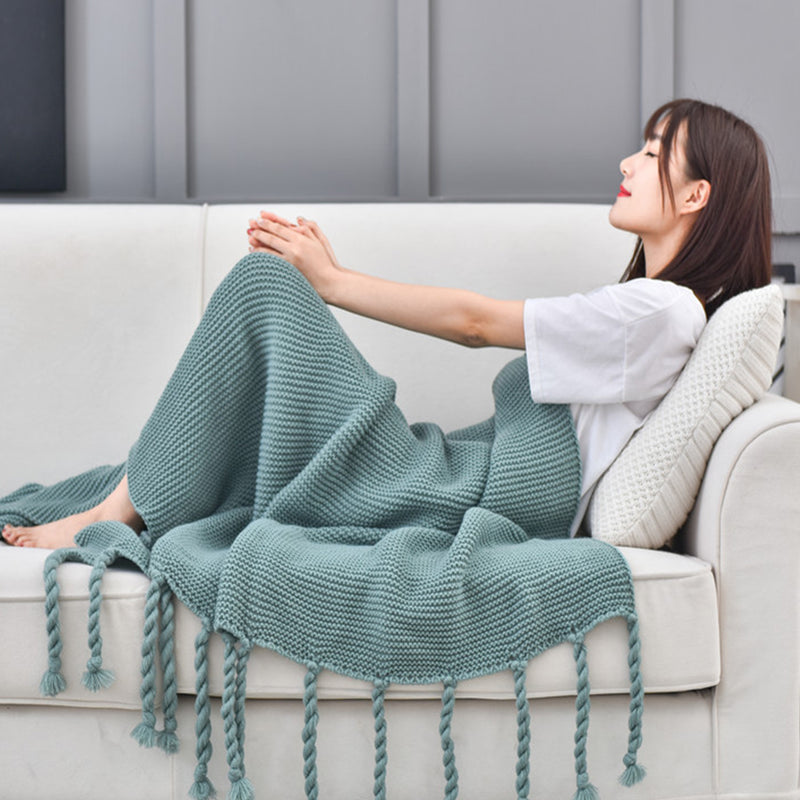 Green Tassel Fringe Knitted Throw Blanket 130x170cm 100% Acrylic Waffle Weave