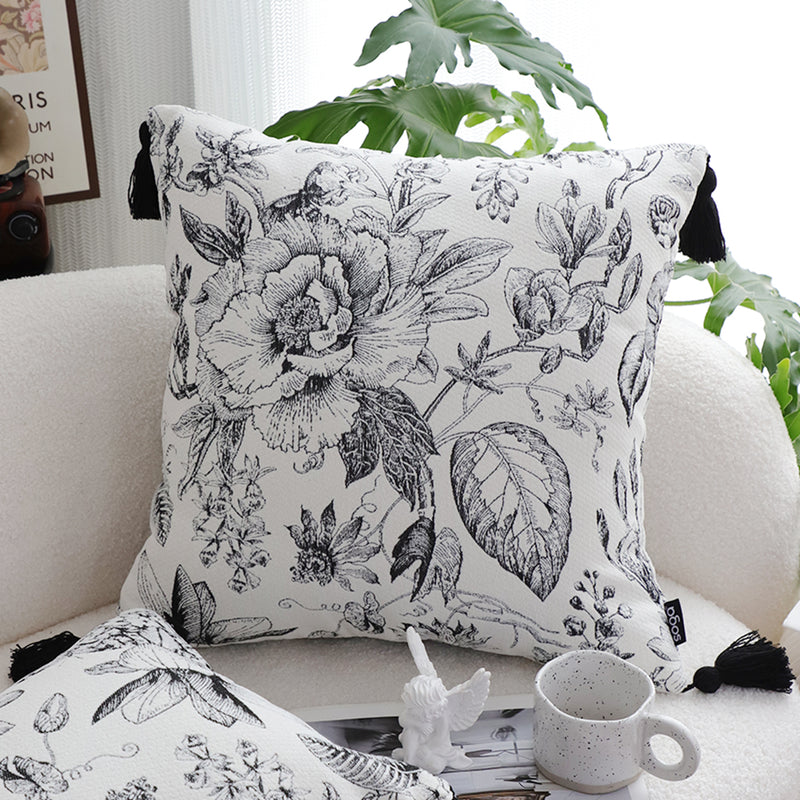 2X Throw Pillow Polyester Cotton 50x50x18cm Floral Print Tassel Black And White
