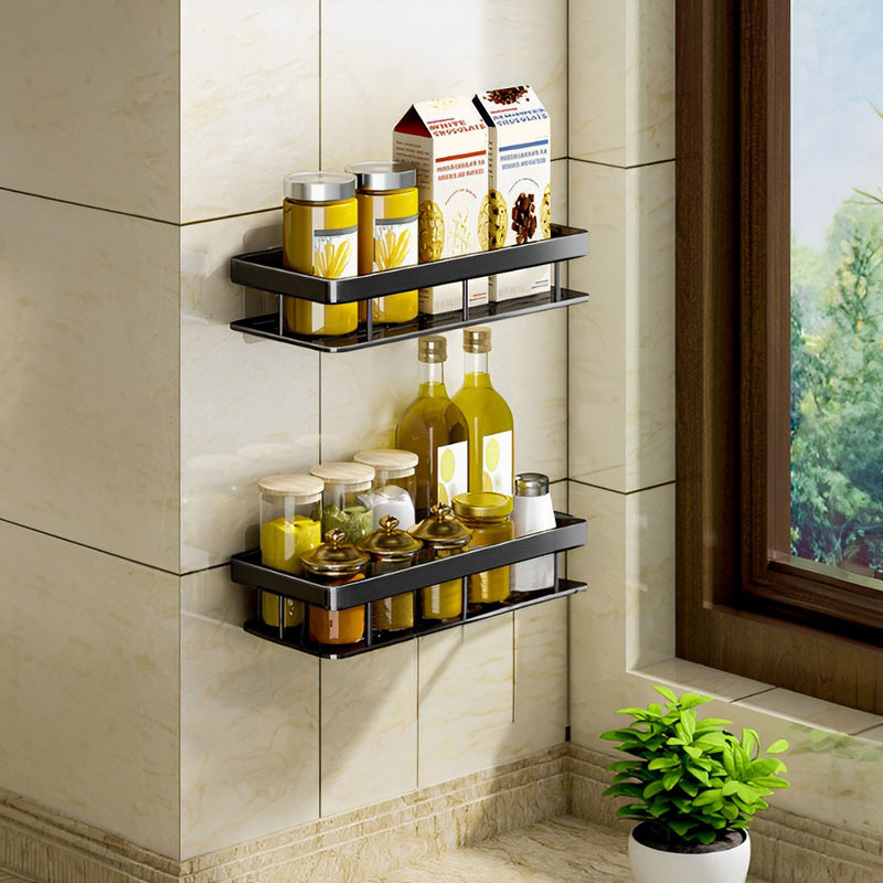 2X Black Aluminum Wall Mounted Bathroom Shelf Rack 34x16x6.5cm Adhesive
