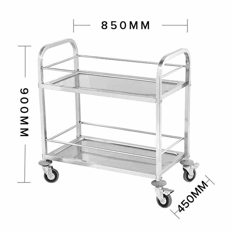 2 Tier Stainless Steel Utility Cart 85x45x90cm Locking Wheels Easy Assembly