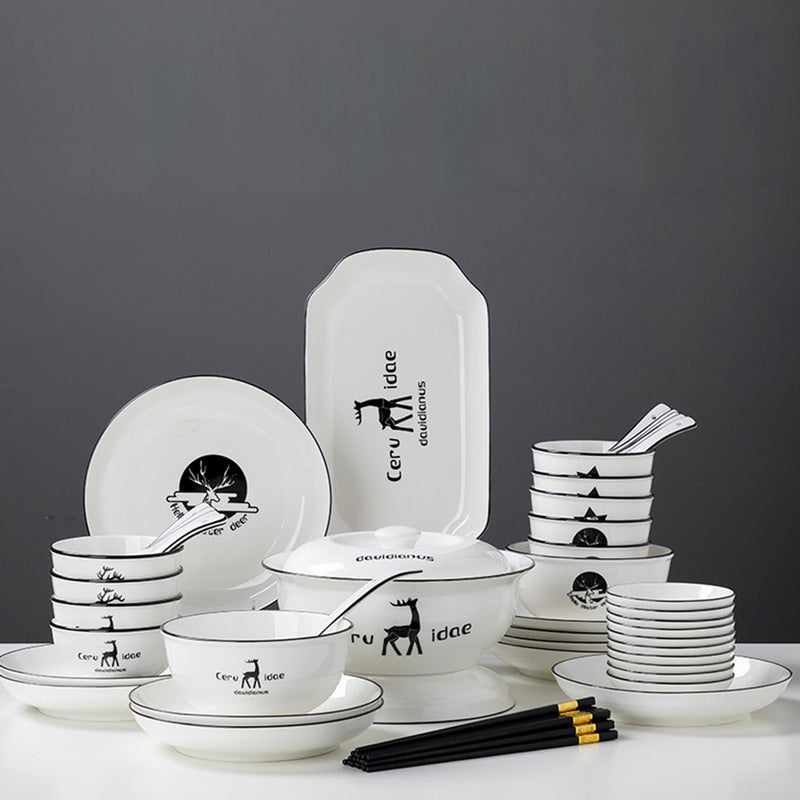 Ceramic Dinnerware White Antler Print Bowls Plates Spoons Stackable Set of 34