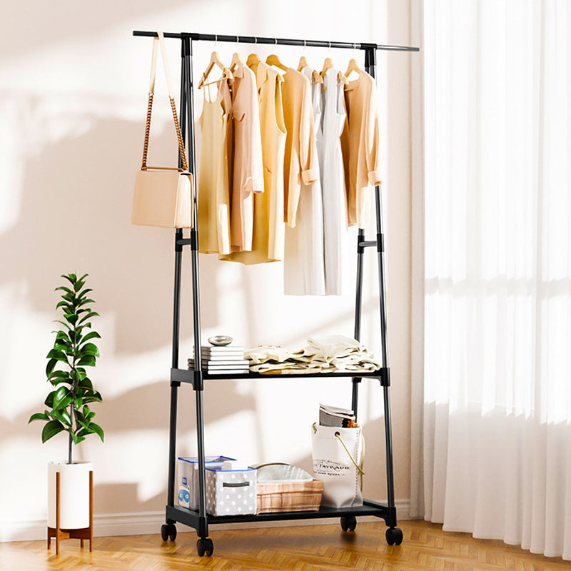 2X 2 In 1 Clothes Shoe Rack Plastic Coated Iron Wheels Black 55x42x160cm 11kg