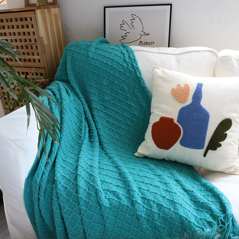 2X Teal Diamond Pattern Knitted Throw Blanket 100% Acrylic 130cmx170cm Tassels