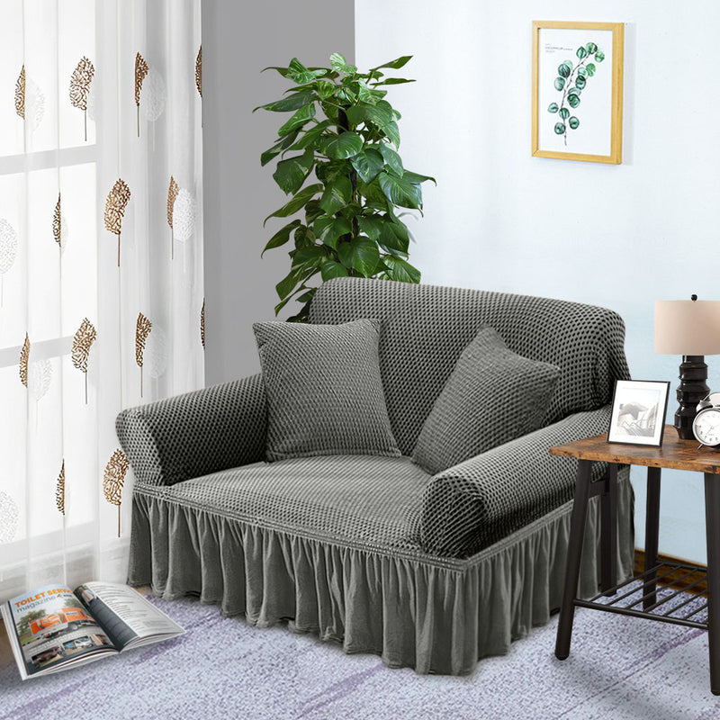 2 Seater Grey Sofa Cover Ruffled Skirt Stretchy Couch Protector Slipcover