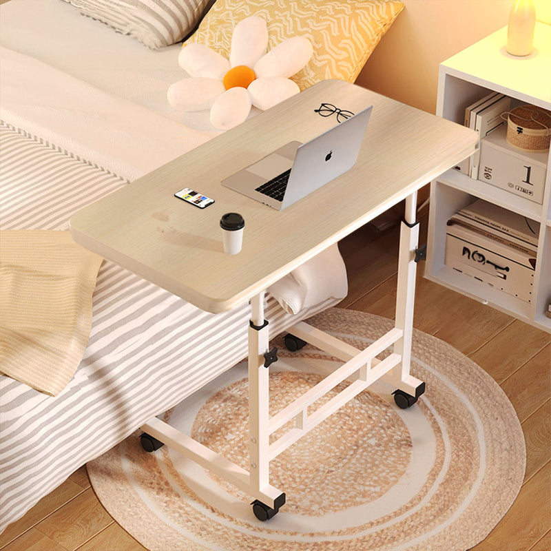 40x80cm White Maple Wood Mobile Bedside Table Wheels Metal Frame