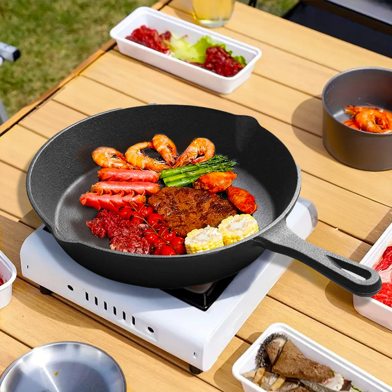 26cm Round Cast Iron Skillet Pan Sizzle Platter Non-stick With Handle