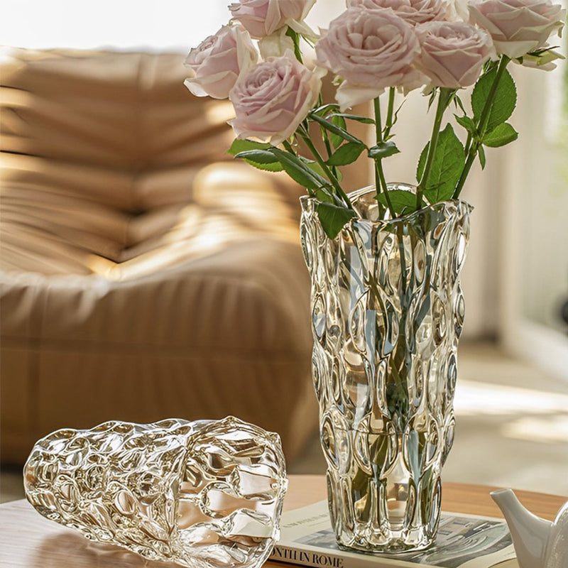 Hand Blown Thick Glass Vase 29cm Tall Slim Clear With Pink Hue