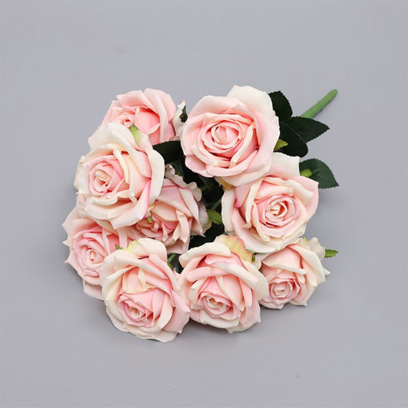 Clear Glass Cylinder Vase Gold Metal Trim 4 Bunch 9 Heads Silk Rose 50cm