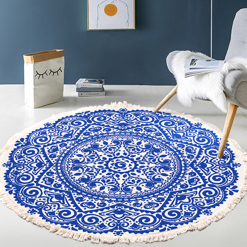 2X 120cm Round Mandala Area Rug Polyester Fiber Anti Slip Backing Blue