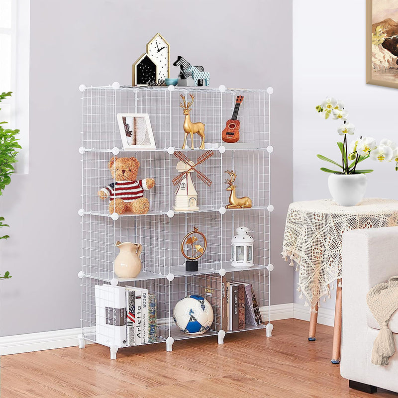 White Portable 12 Cube 3 Column Iron Wire Mesh Storage Organizer 110x37x113cm