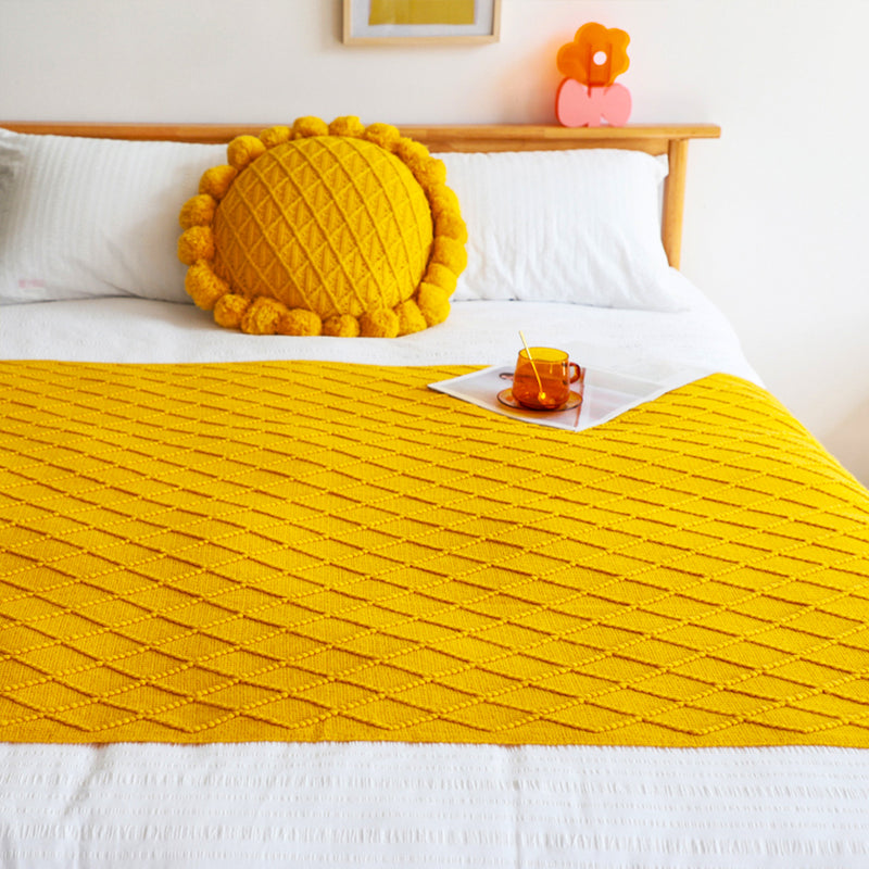 Knitted Acrylic Throw Blanket 130cmx230cm Diamond Jacquard Tassels Yellow
