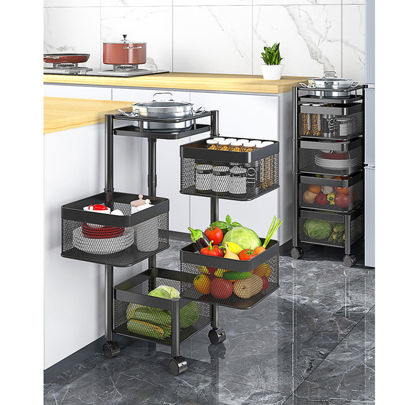 2X 4 Tier Carbon Steel Rotating Mesh Kitchen Cart 30x30x82cm 10Kg Shelf Black