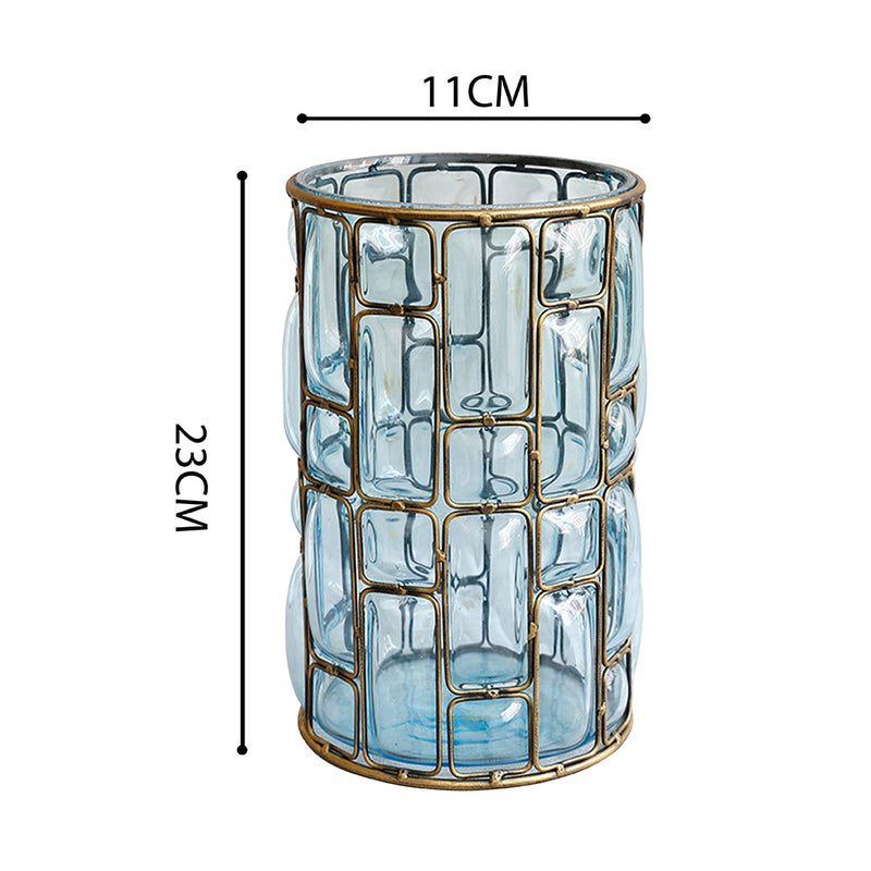 Blue Glass Flower Vase Gold Metal Pattern Home Decor 11x11x23cm Indoor Outdoor