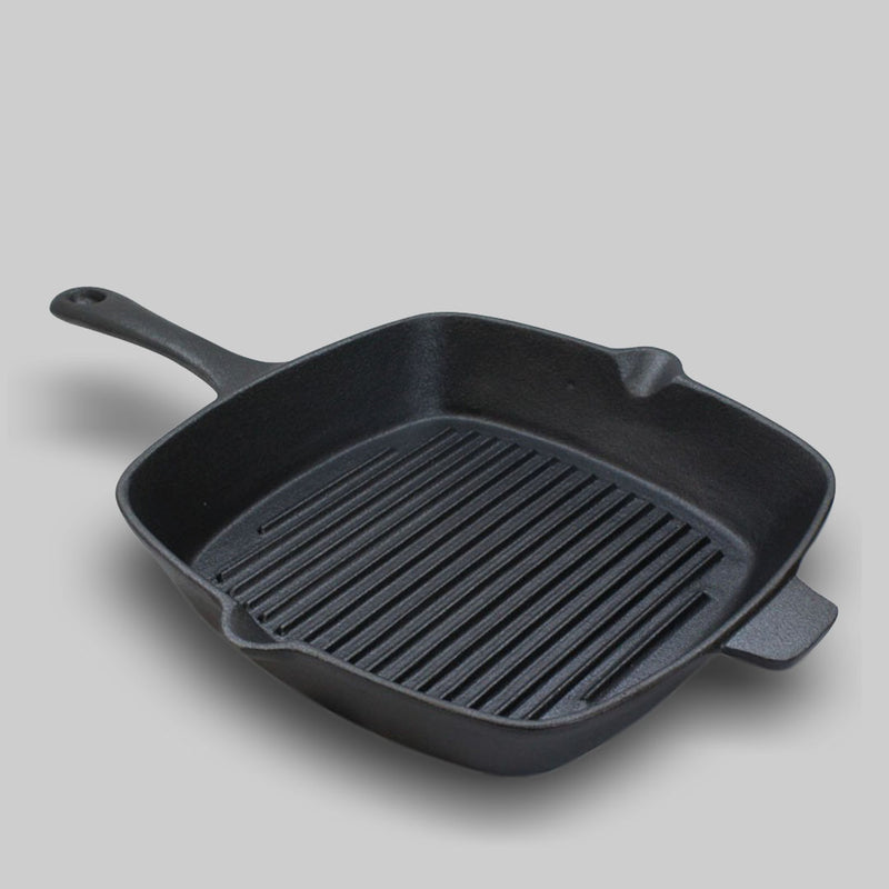 26cm Square Cast Iron Frying Pan Skillet Ribbed Sizzle Platter with Handle