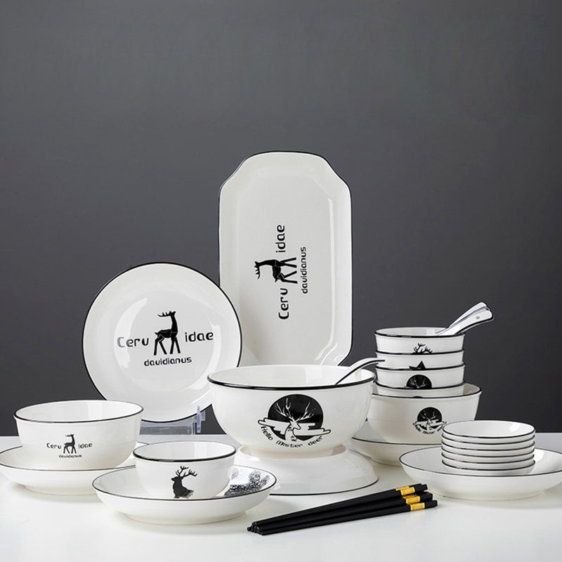 Ceramic Dinnerware White Antler Print Bowls Plates Soup Spoons Set of 20