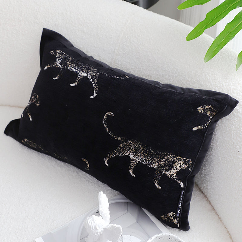 Black 35x55x18cm Throw Pillow Polyester Cotton Embroidered Panther Motif