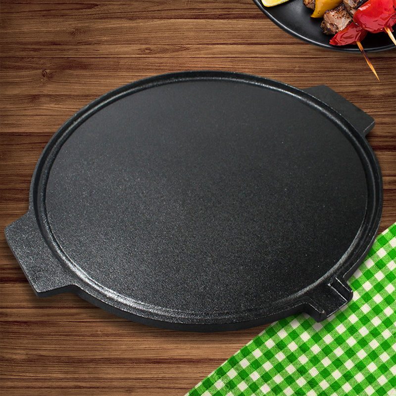 2X 30cm Cast Iron Round Bbq Grill Plate Preseasoned Nonstick With Handles Black