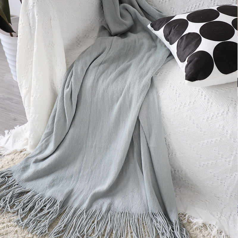 2X Grey Acrylic Knitted Throw Blanket 130x220cm Fringed Cozy Home Decor