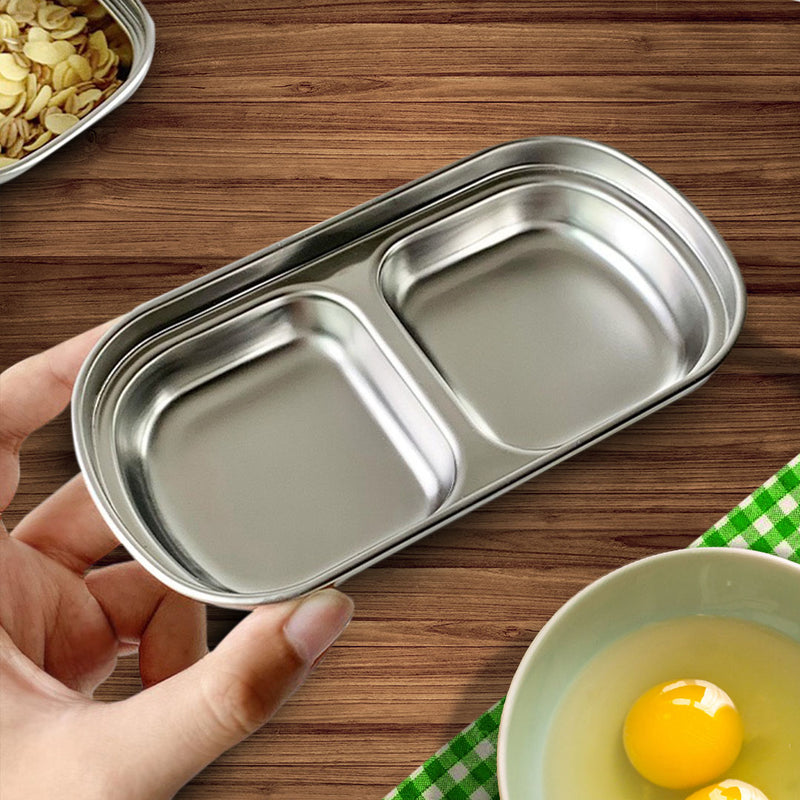 15cm Stainless Steel Divided Sauce Dish Two Compartments Silver Set Of 4