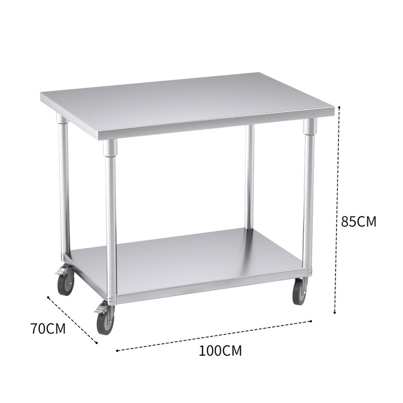 100cm Stainless Steel Prep Workbench Adjustable Shelf Castor Wheels 200kg