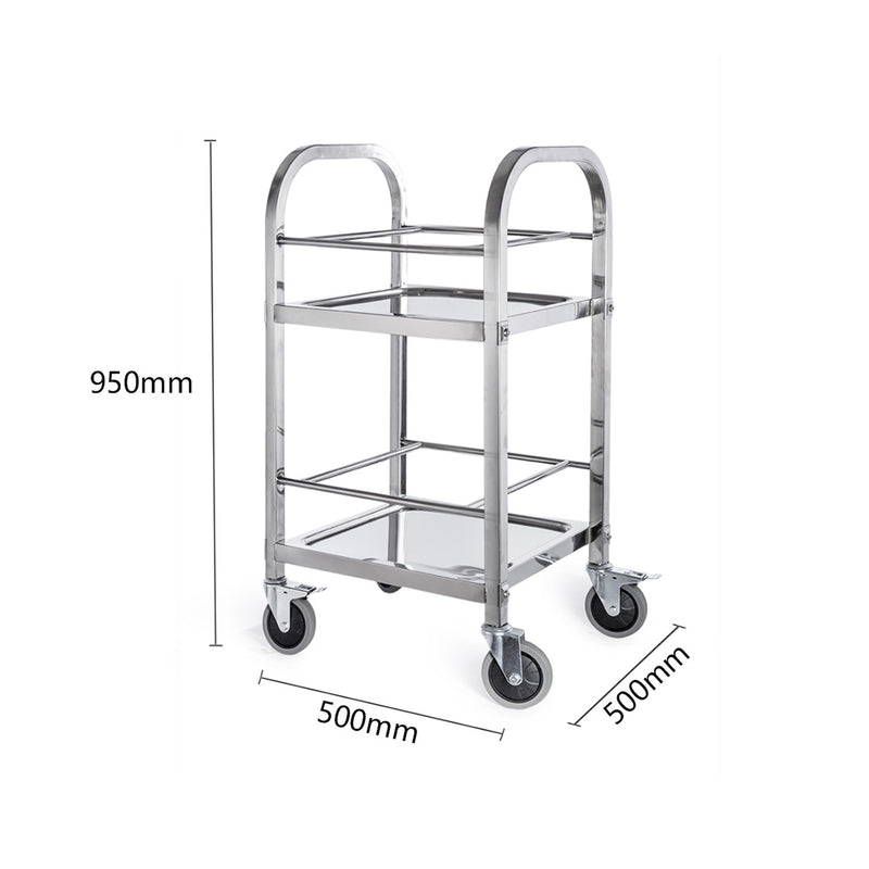 2X 2 Tier Stainless Steel Utility Cart 500x500x950 Square Tube Locking Wheels