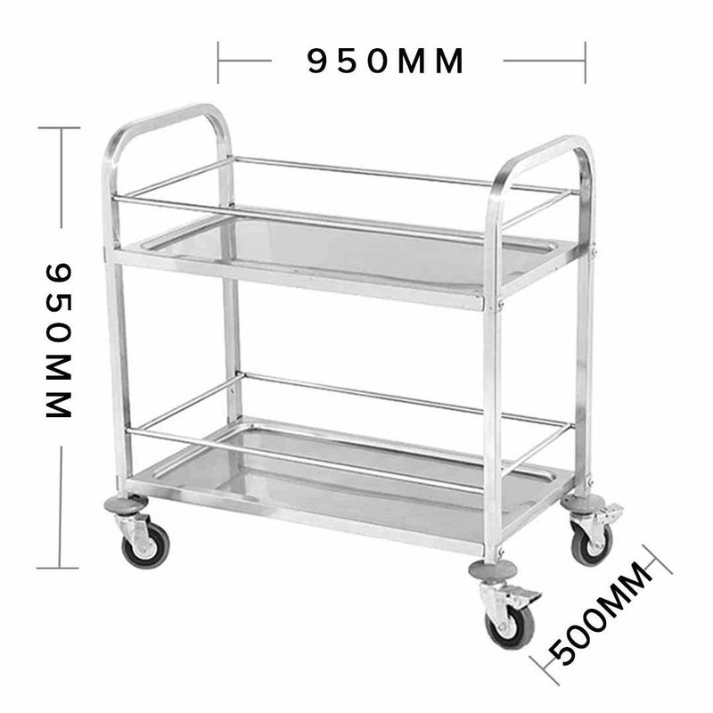 2 Tier Stainless Steel Utility Cart Large 95x50x95cm Food Drink Locking Wheels