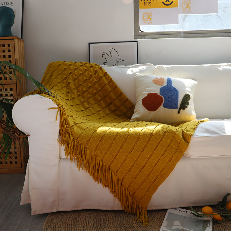 Mustard Knitted Throw Blanket Acrylic 130cmx170cm Textured Tassels Cozy