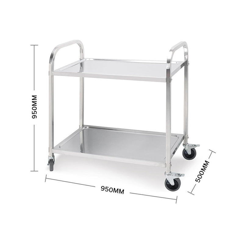 2X Stainless Steel 2 Tier Kitchen Dining Cart Trolley 4 Wheels 95x50x95cm