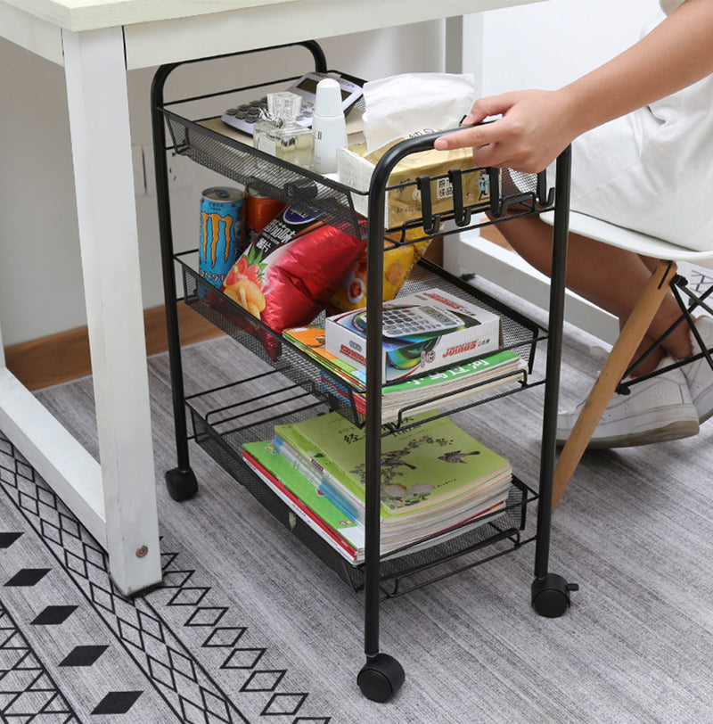 2X Black 3 Tier Steel Mesh Kitchen Cart Portable Storage Shelves with Wheels