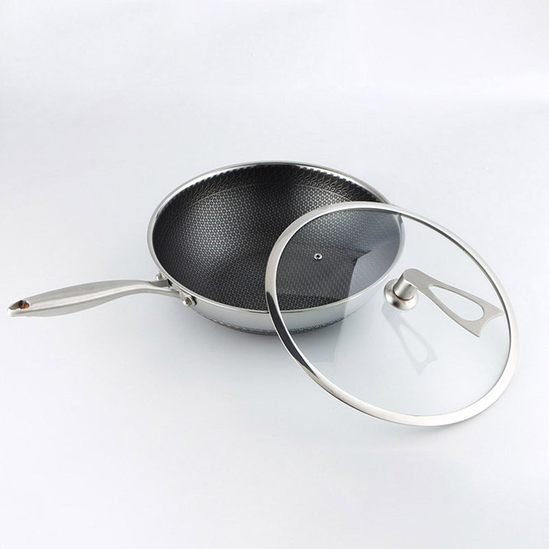 2X 32cm Stainless Steel Tri Ply Fry Pan Textured Non Stick Glass Lid